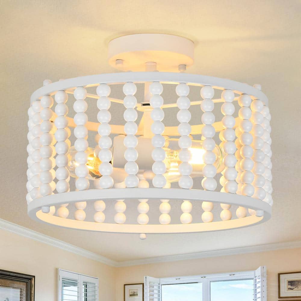 12.6 in. 3-Light White Farmhouse Wood Beaded Shade Semi-Flush Mount Ceiling Light - Hercitys