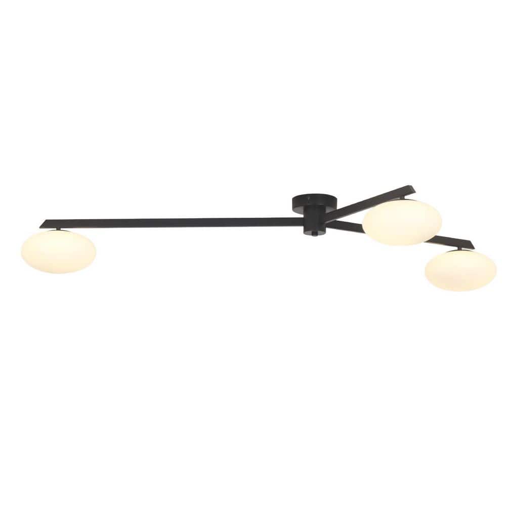 55 In. 3-Light Black Modern Branch Glass Semi-Flush Mount for Dining Room Bedroom, with White Glass Shade - Hercitys