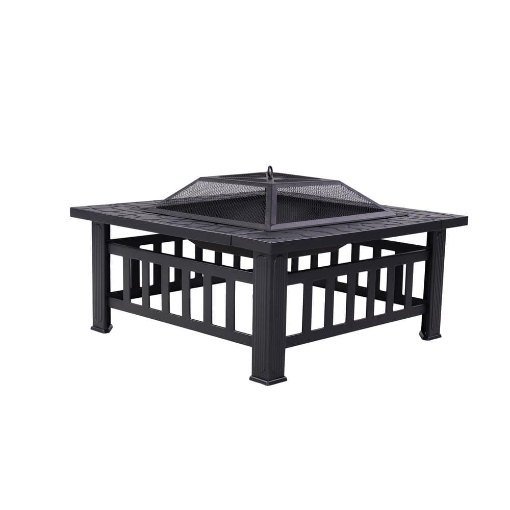 32 in. Outdoor Black Square Wood Burning Fire Pit with Wire Mesh Cover and Poker - Hercitys