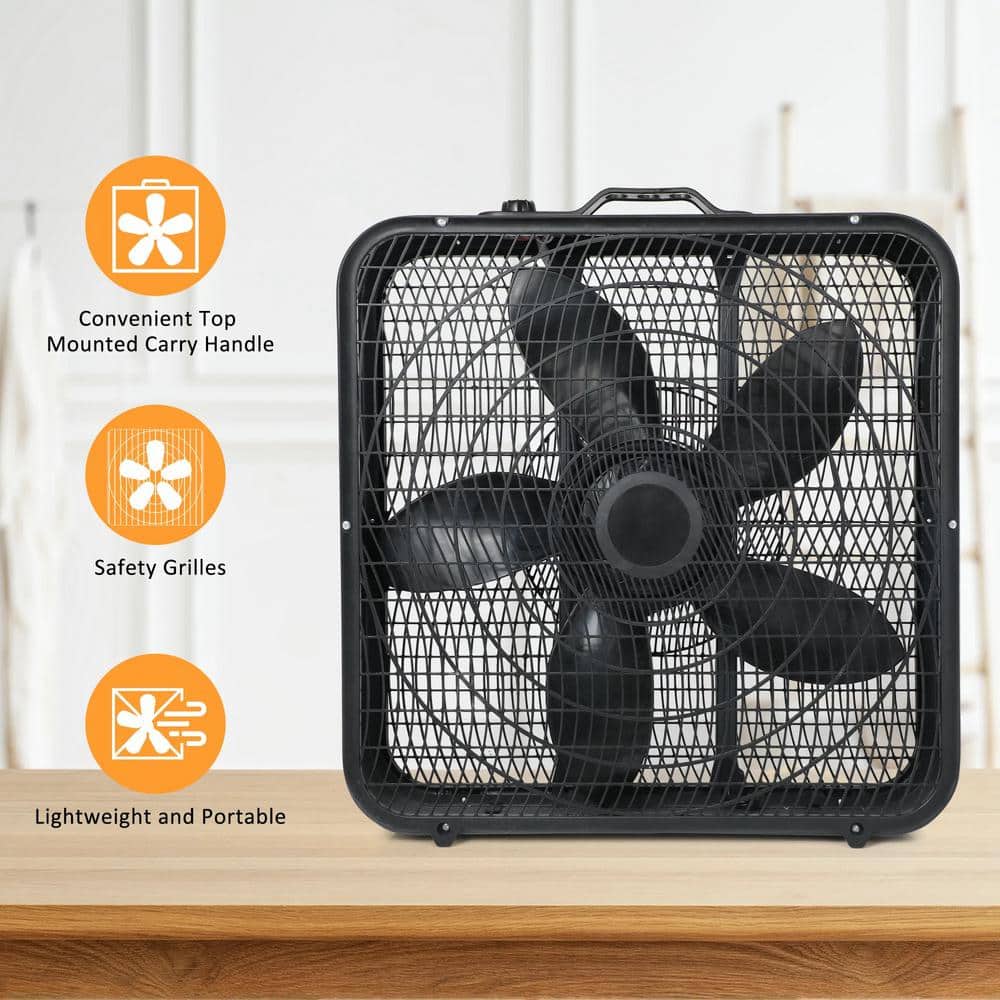 20 in. 3-Fan Speeds Box Fan in Black Finish Cooling Table Fan Aerodynamic Fan Blades with Carry Handle and Safety Grills - Hercitys
