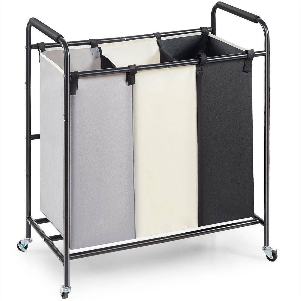 3Section Laundry Basket, Heavy Duty Laundry Hamper Storage Organizer, Laundry Sorter Cart, Wheels Kitchen Cart Black - Hercitys