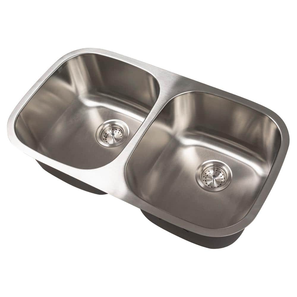 32 in. Undermount 50/50 Double Bowl Handcrafted 18 Gauge Satin Stainless Steel Kitchen Sink with Strainer - Hercitys
