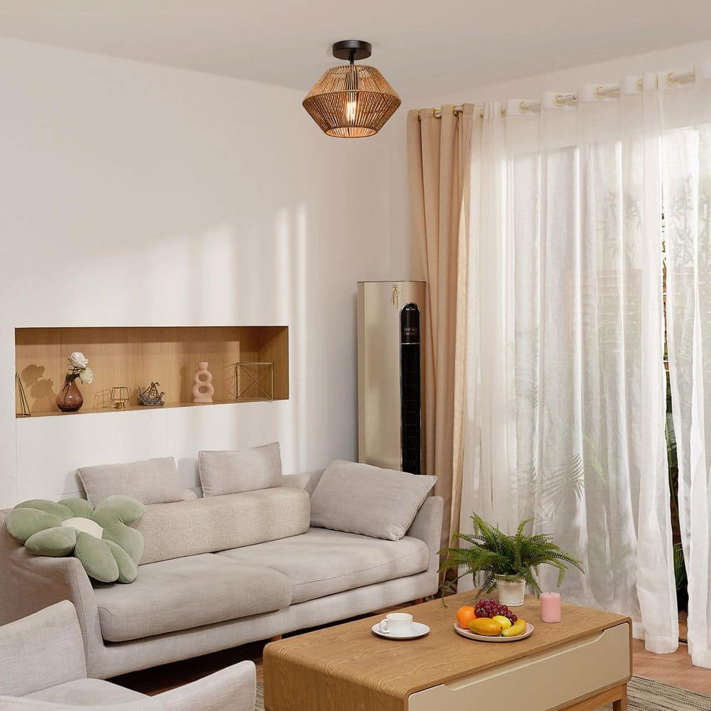 12 in. 1-Light Matte Black Flush Semi-Flush Mount Ceiling Light with Natural Twine Shade - Hercitys