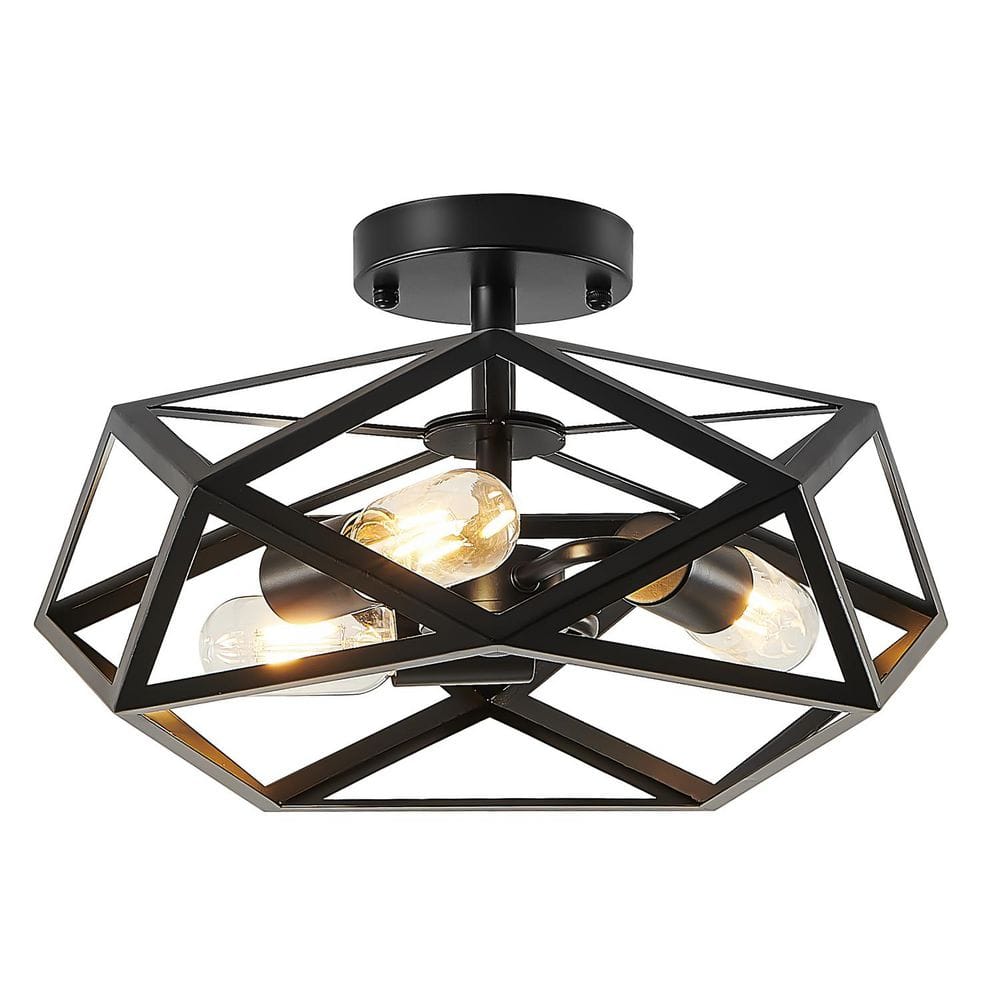 16.1 in. 3-Light Black Geometric Semi Flush Mount Ceiling Light with No Bulbs Included - Hercitys