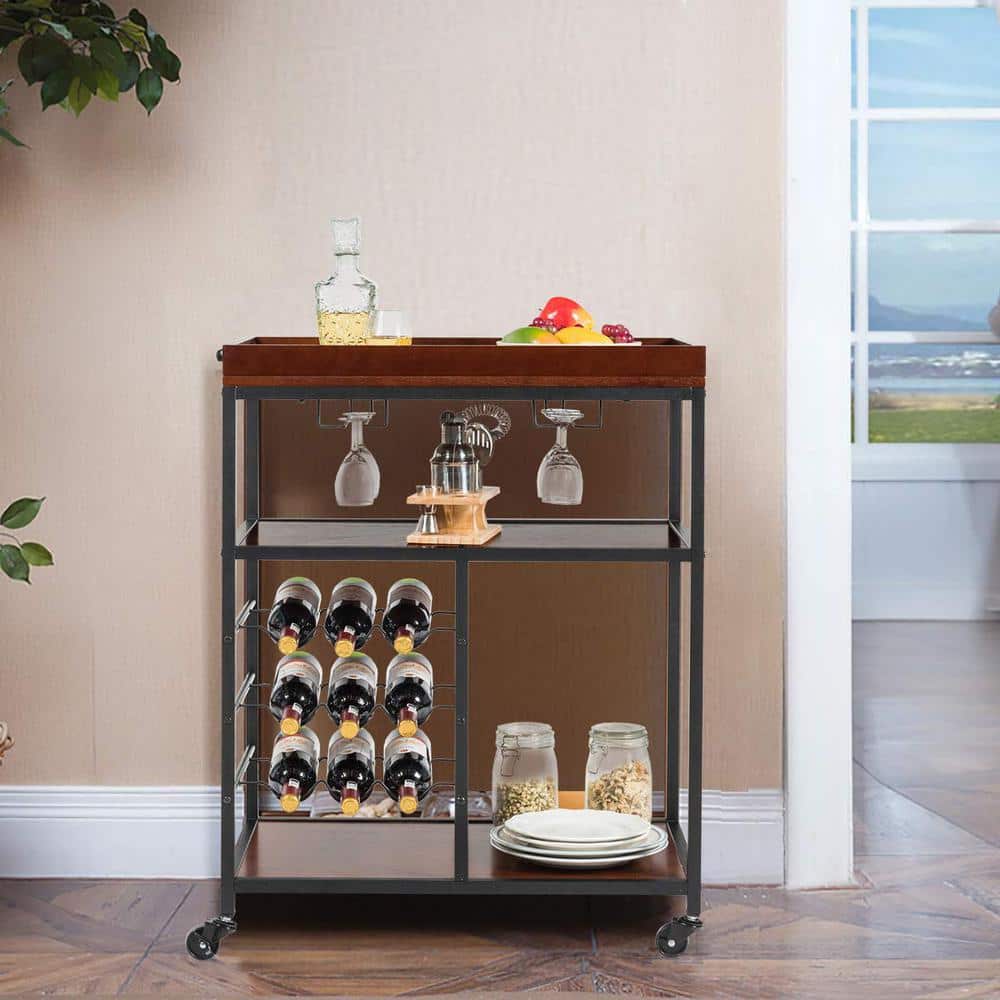 3-Tier Brown Rolling Kitchen Cart with Wine Rack - Hercitys