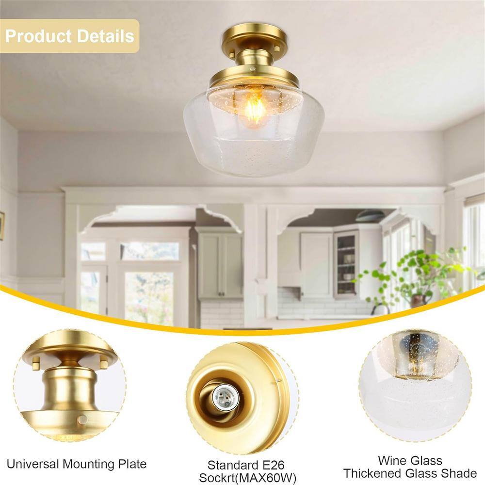 10 in. 1-Light Gold Semi Flush Mount Farmhouse Ceiling Light Fixture with Seeded Glass Shade E26 Bulb Base Ceiling Light - Hercitys