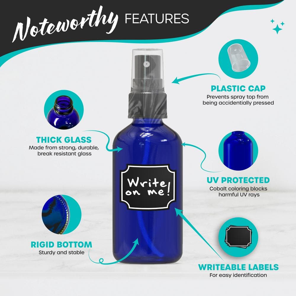 4 oz. Glass Spray Bottles with Funnel, Brush, Marker and Labels – Blue (Pack of 24) - Hercitys