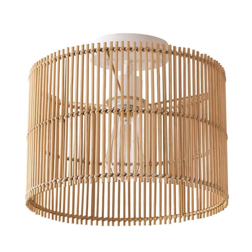 11.75 in. 1-Light Matte White Semi-Flush Mount Ceiling Light with Natural Bamboo Shade - Hercitys