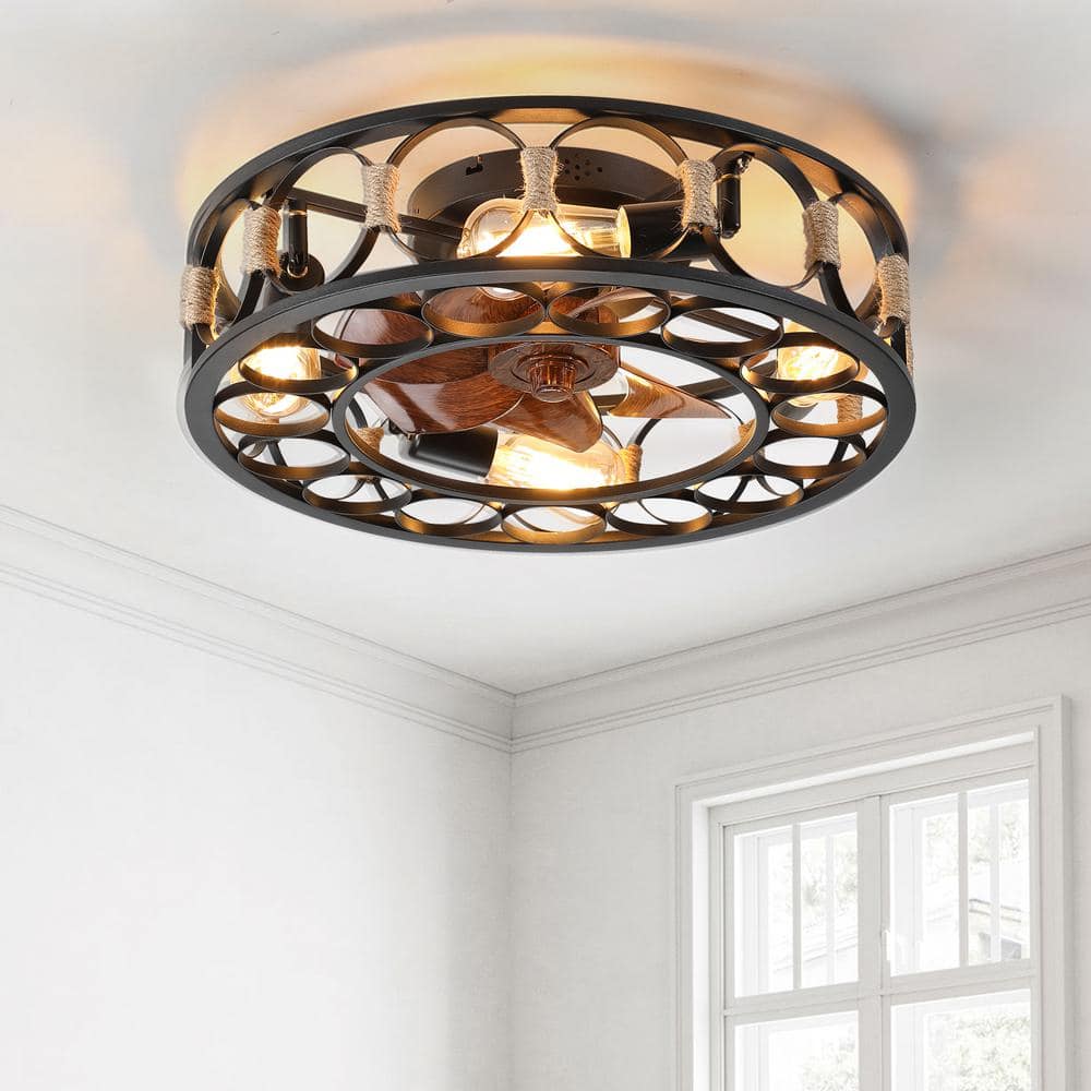 20 in. 4-Light indoor Wood Grain Farmhouse Caged Low Profile Ceiling Fan Flush Mount Remote Control with Bulbs Included - Hercitys