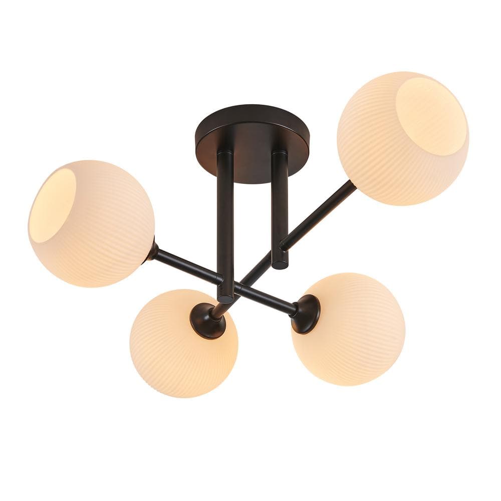 23 in. 4-Light Black Semi-Flush Mount with Frosted Opal White Ribbed Glass Shade - Hercitys