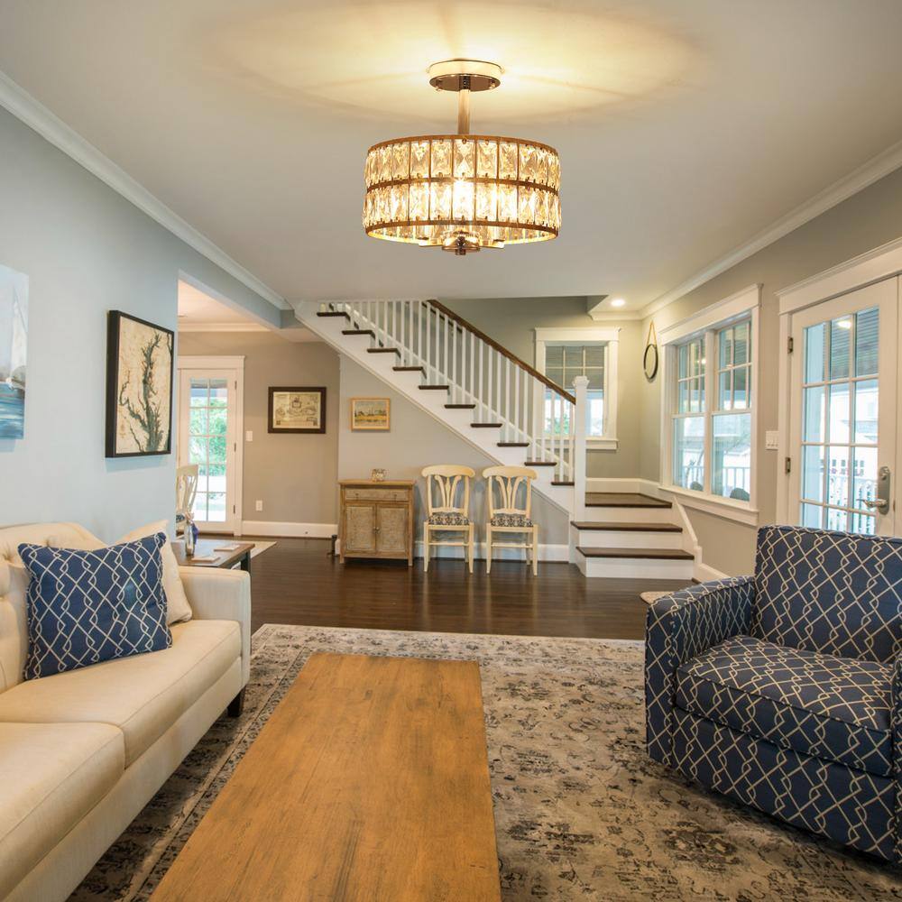 12.59 in. 3-Light Chrome and French Gold Modern Drum Semi-Flush Mount Light With Clear Crystal Glass Shade - Hercitys