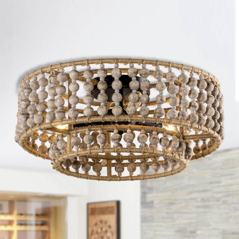 15.75 in. 3-Light Boho Distressed White Wood Beaded Tiered Flush Mount Ceiling Light for Hallway and Bedroom - Hercitys