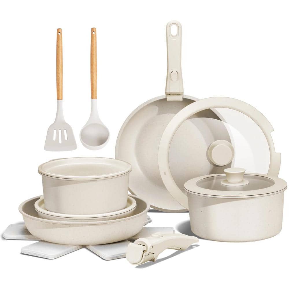 17-Piece Cream Ceramic Nonstick Cookware Set with Removable Handles - Hercitys