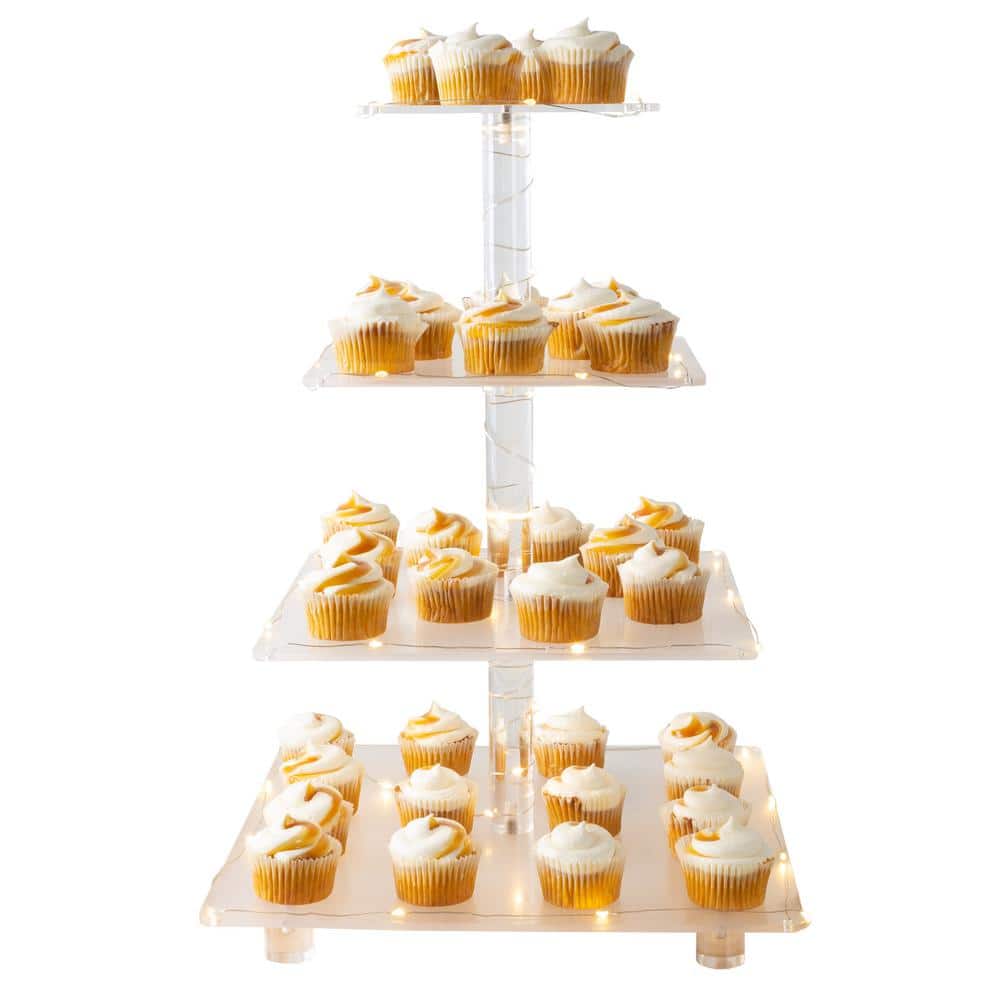 4-Tier Clear Acrylic Square Cupcake Display and Cake Stand with Yellow LED Lights - Hercitys