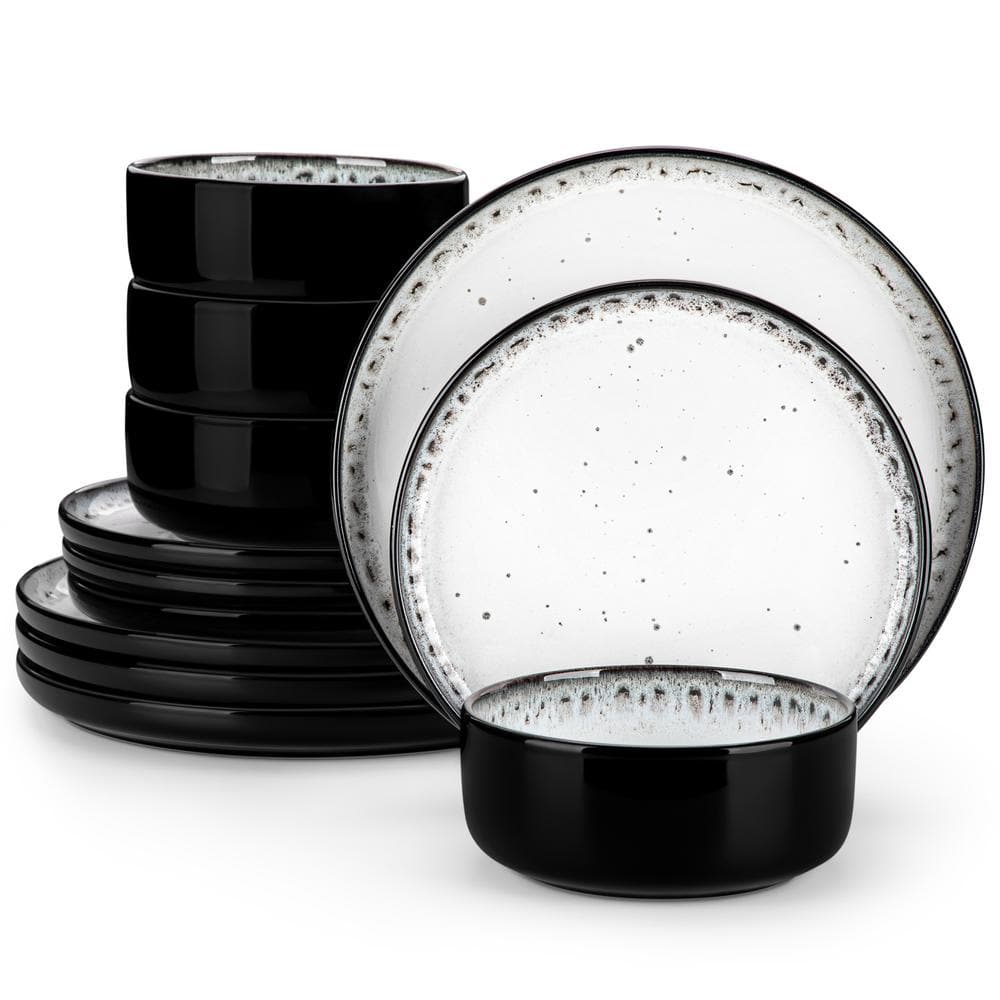 12-Piece White and Black Stoneware Dinnerware Set Bowls and Plates Set Service for 4 - Hercitys