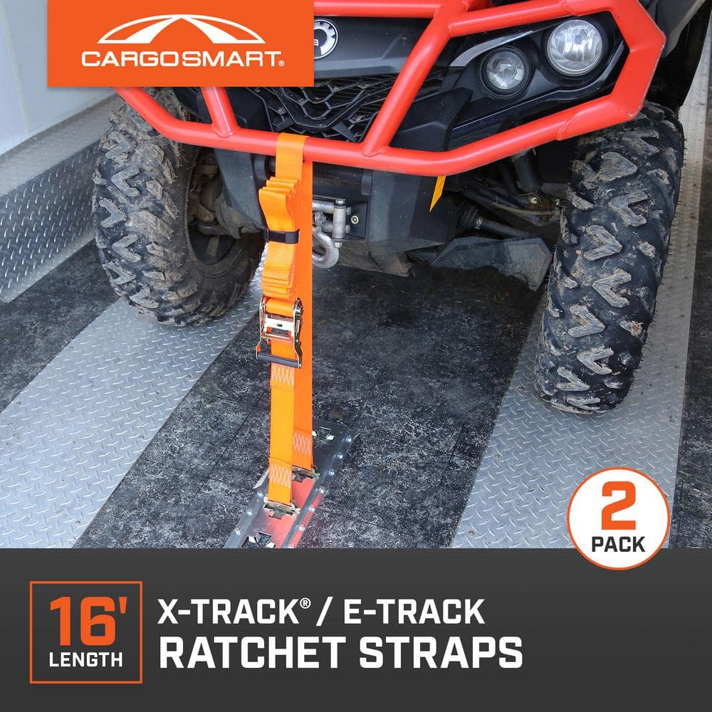 2 in. W x 16 ft. L, 3,000 lbs. Capacity Orange E-Track and X-Track Ratchet Strap – 2 pk - Hercitys