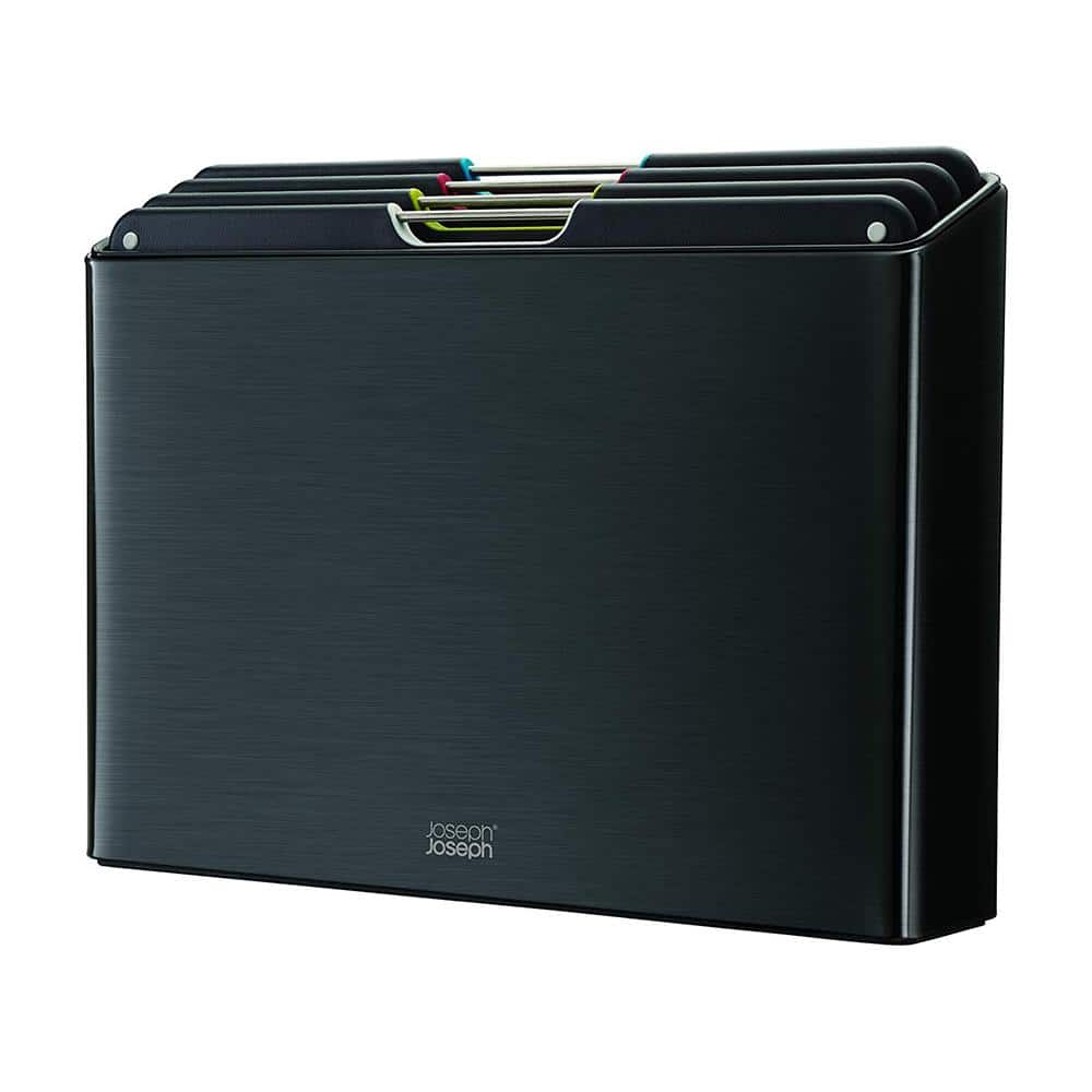 4-Piece Black Plastic Color-Coded Cutting Board Set with Stainless Steel Slimline Case, Non-Slip and Tiered Storage - Hercitys