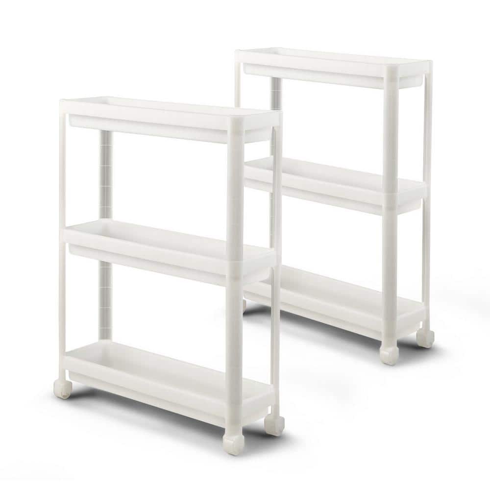 2-Pieces White 3-Tier Slim Storage Kitchen Cart with Drainage Holes and Wheels - Hercitys