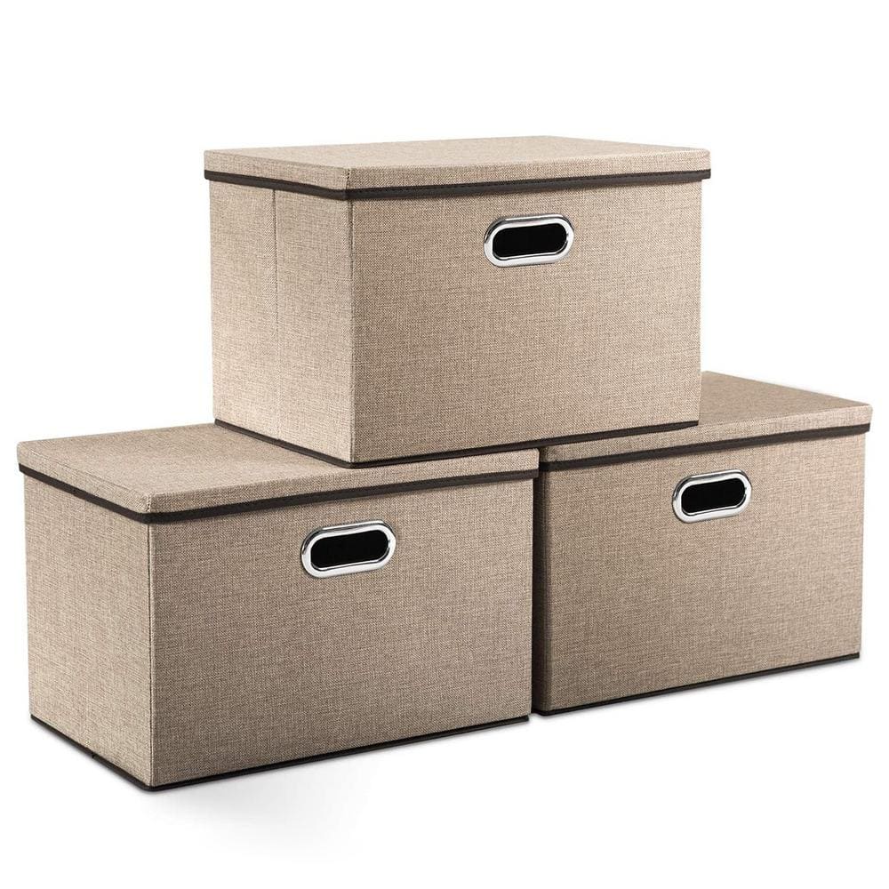 35 qt. Fabric Collapsible Storage Bin with Lid in Brown (3-Pack) - Hercitys