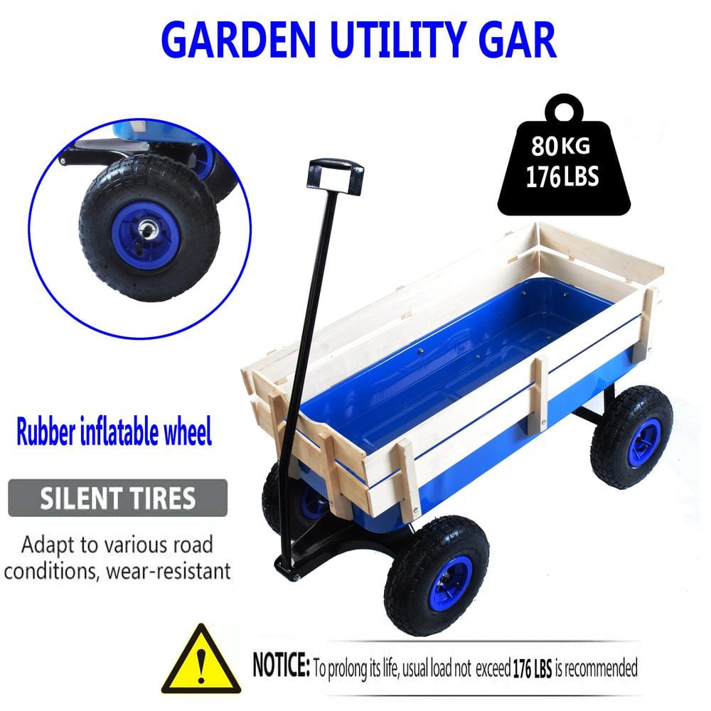 3 cu. ft. All-Terrain Steel and Wood Wagon Kids Children Garden Cart Air Tires Outdoor Blue - Hercitys
