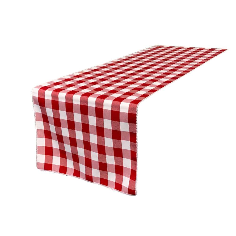 14 in. x 108 in. White and Red Polyester Gingham Checkered Table Runner - Hercitys