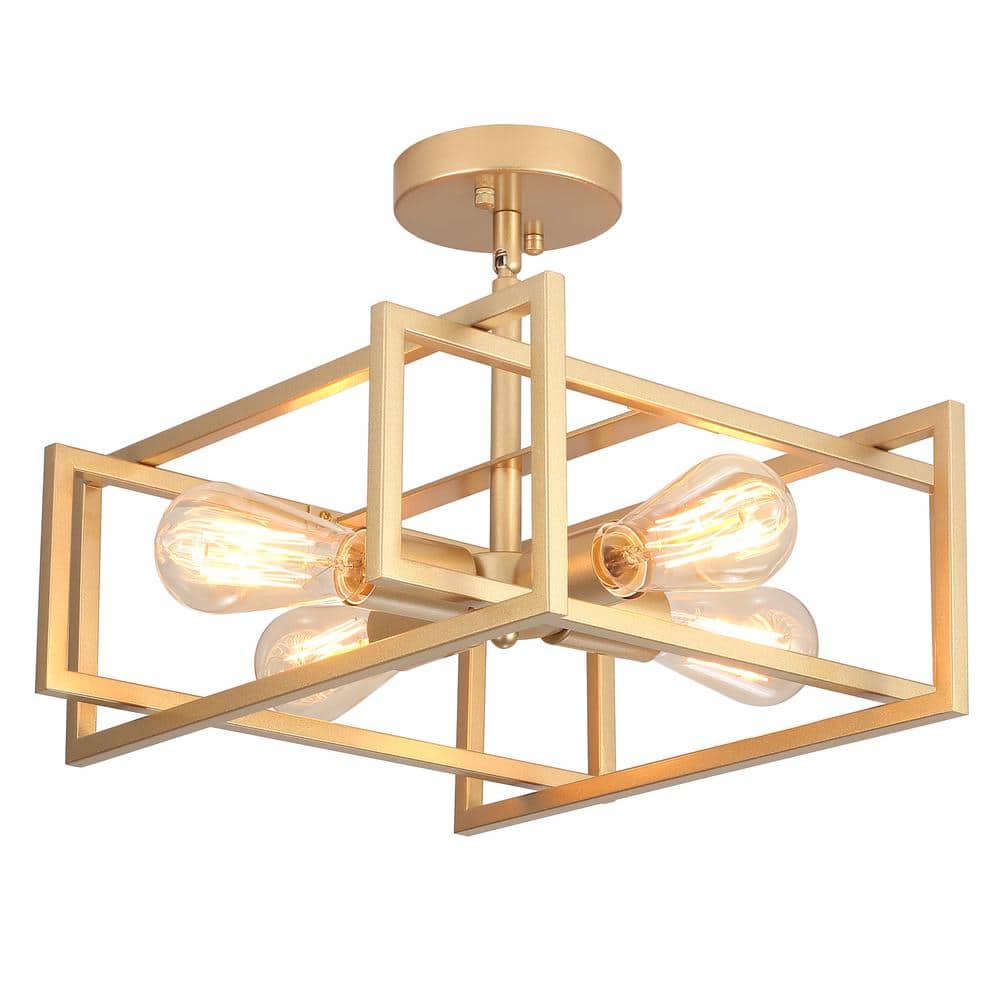 14.96 in. 4-Light Gold Farmhouse Square Frame Semi-Flush Mount Ceiling Light Fixture with Metal Shade - Hercitys