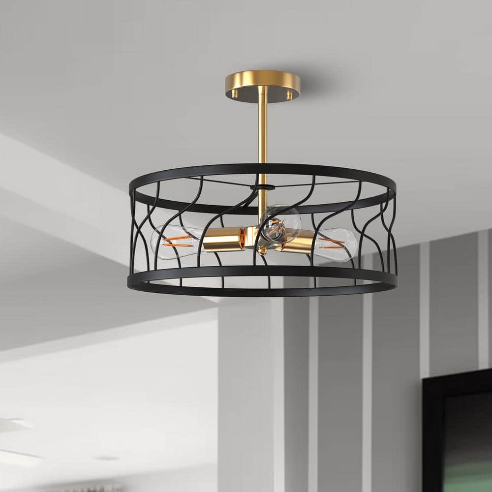 3-Light Black and Gold 16.5 in. Semi-Flush Mount Ceiling Light with Drum Cage Shade and No Bulb Included - Hercitys