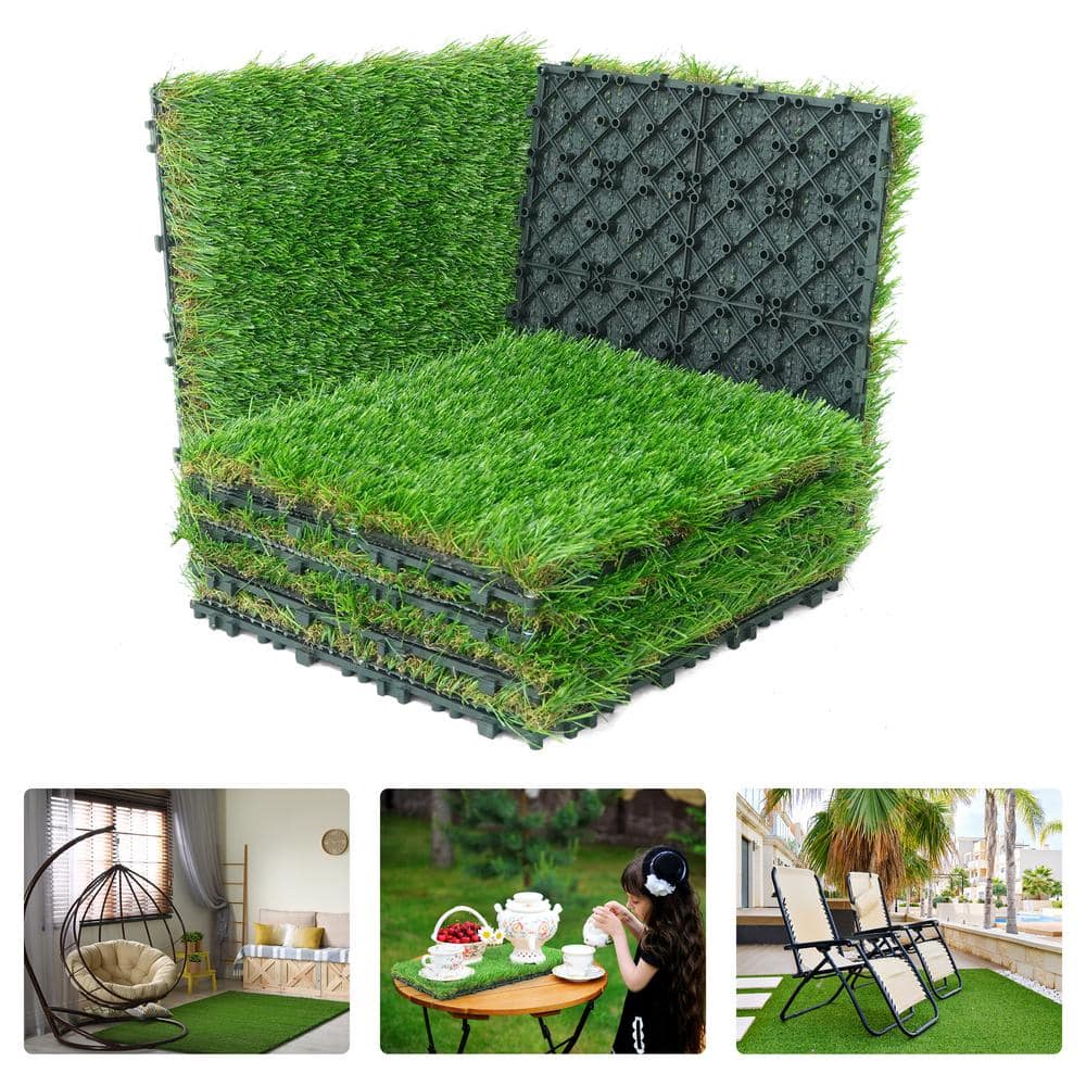 1 ft. x 1 ft. Green Artificial Grass Turf Tiles, Self-Draining Interlocking Faux Grass Pet Turf, Tile, Covers 6 sq. ft. - Hercitys