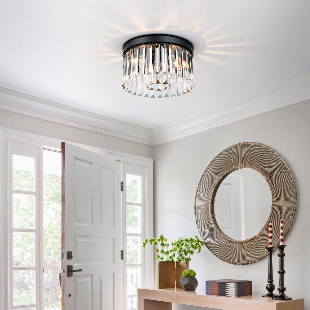 12 in. 3-Light Modern Black Round Flush Mount Ceiling Light with 2 Tiers Clear Crystal Shades - Hercitys