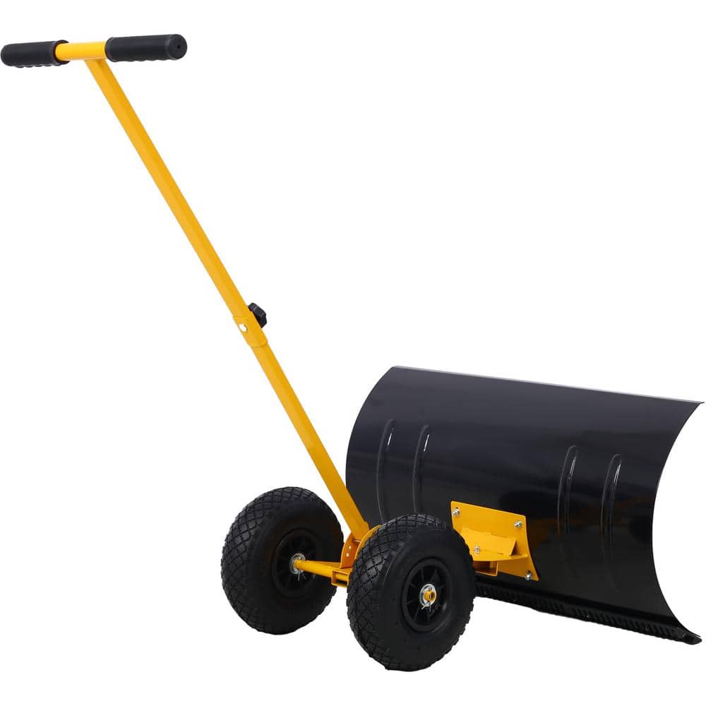 47 in. Sheet Metal Handle Steel Snow Shovel Rolling Pusher with 29 in. Blade and 10 in. Wheels in Black and Yellow - Hercitys