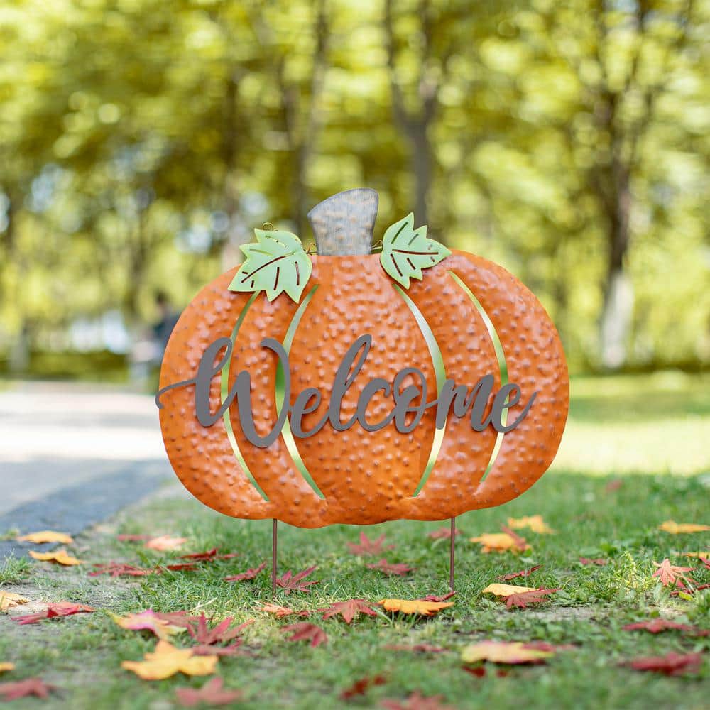 29.72 in. H Fall Metal Pumpkin Yard Stake/Standing/Hanging Sign (KD, 3-Function) - Hercitys
