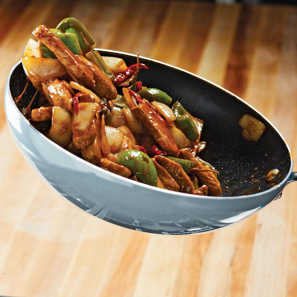 11 in. Sky Blue Stir Fry Aluminum Nonstick Classic Brights with Lid - Hercitys