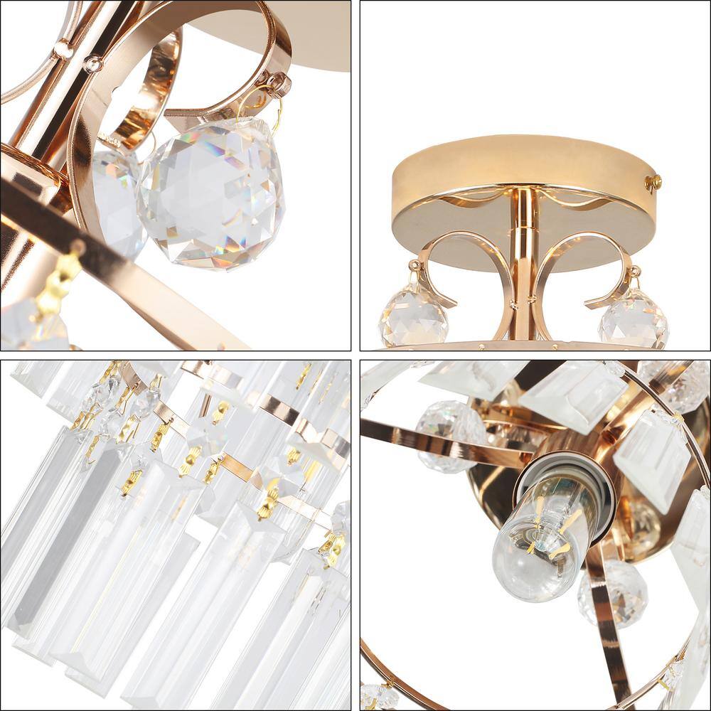 10.62 in. 1 Light Gold Modern Round Semi-Flush Mount Ceiling Light with Clear Crystal Shade and No Bulbs Included - Hercitys