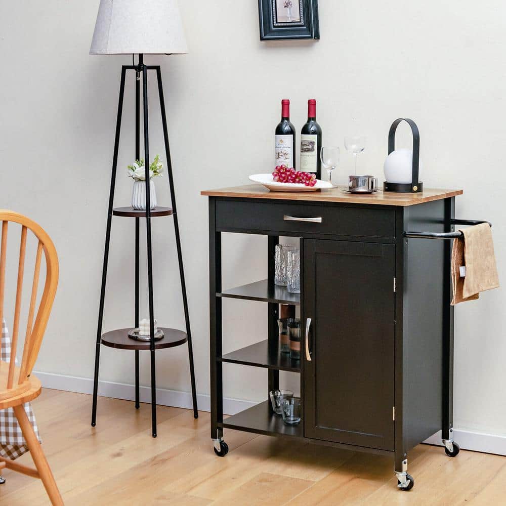 34.5 in. Black Wood Kitchen Cart Island with Rubber Wood Top - Hercitys