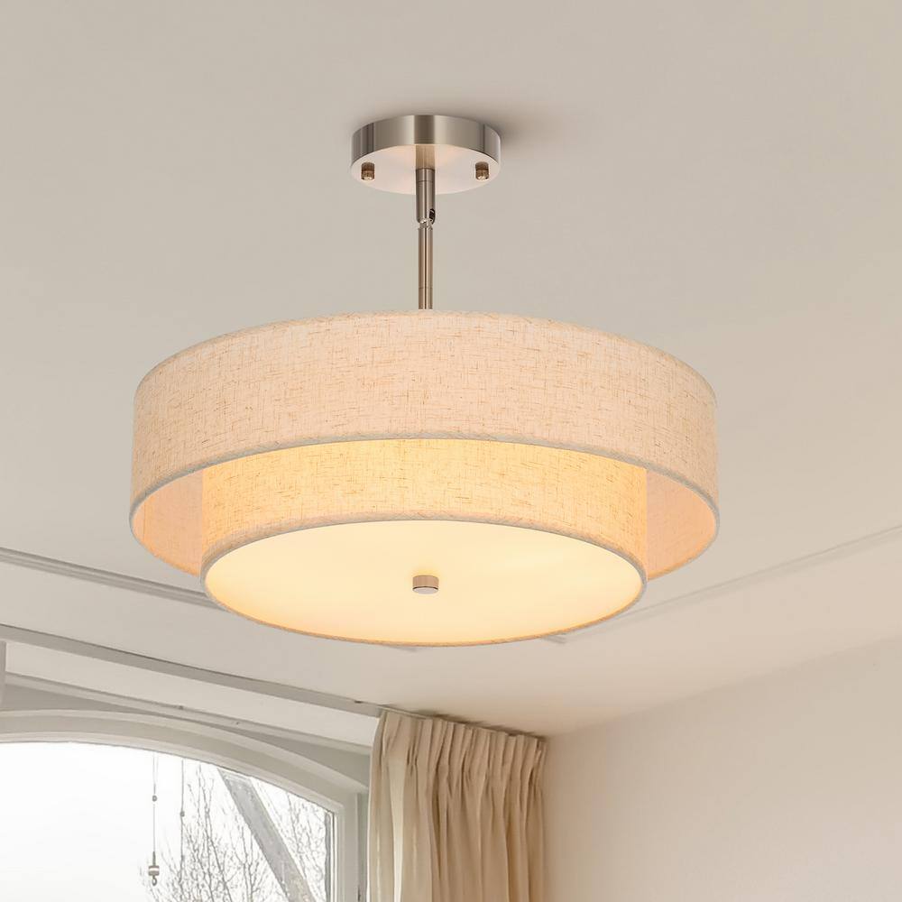 18 in. 4-Light Oatmeal Semi-Flush Mount Ceiling Light Fixture Drum Pendant Light with 2-Layer Fabric Shade E26 Bases - Hercitys