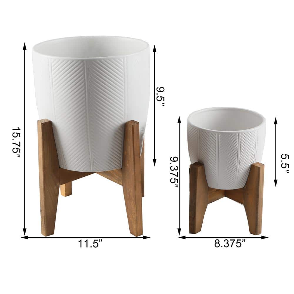 10 in. and 6.6 in. Matte White Chevron Ceramic Plant Pot on Wood Stand Stand Mid Century Planter (Set of 2) - Hercitys