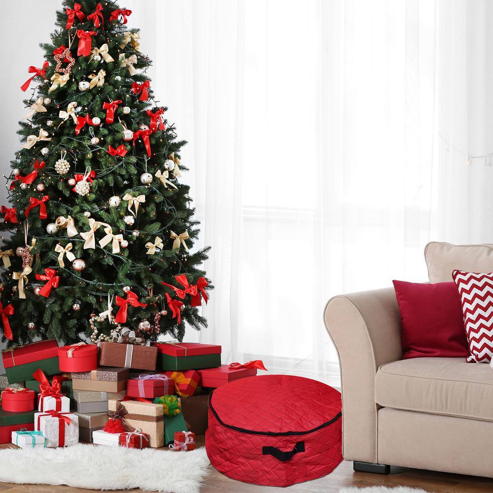 36 in. Artificial D Red Quilted 2 in 1 Zip Up Christmas Garland and Wreath Storage Bag - Hercitys