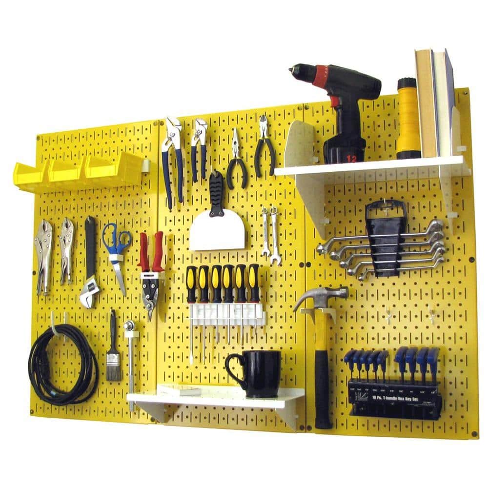 32 in. x 48 in. Metal Pegboard Standard Tool Storage Kit with Yellow Pegboard and White Peg Accessories - Hercitys