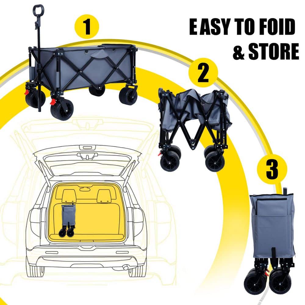 10 cu. ft. Steel Collapsible Folding Garden Cart Beach Wagon with Rain Covers, Waterproof Dustproof UV Resistant, Gray - Hercitys