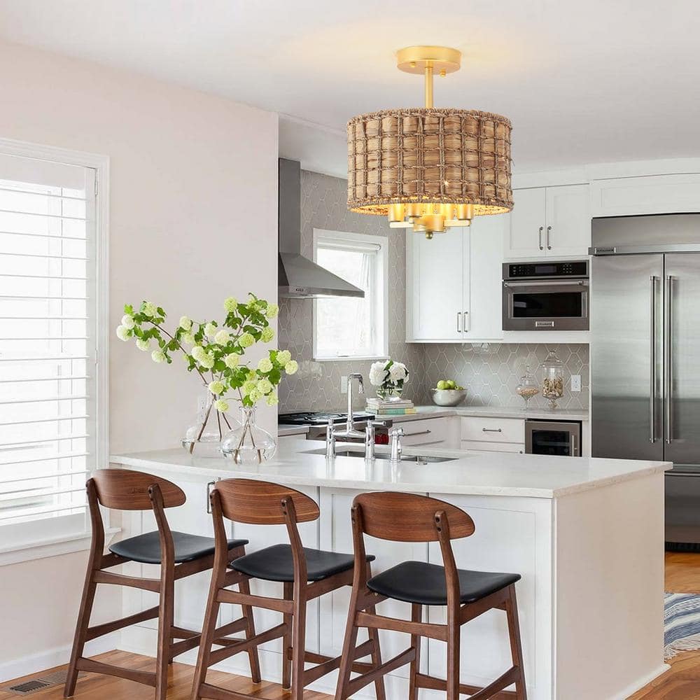 11.81 in. 4-Light Gold Drum Natural Rattan Seagrass Semi Flush Mount Ceiling Light Fixtures with No Bulbs Included - Hercitys