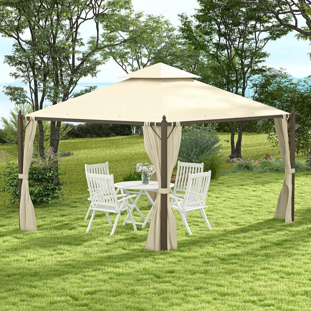 10 ft. x 12 ft. Beige Outdoor Patio Gazebo with Polyester Privacy Curtains, Two-Tier Roof - Hercitys