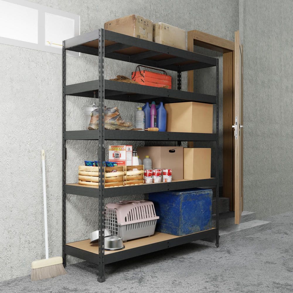 5-Tier Powder-Coated Steel Garage Storage Shelving Unit in Matte Black with HDF Racks (60 in. W x 72 in. H x 18 in. D) - Hercitys