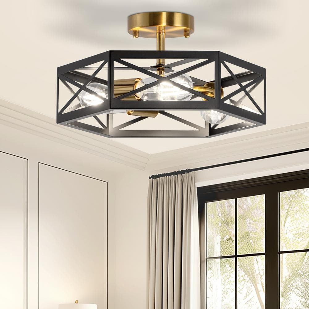 15 in. 3-Light Black Gold Flush Mount Modern Ceiling Light, Hallway Light Fixtures Ceiling Mount - Hercitys