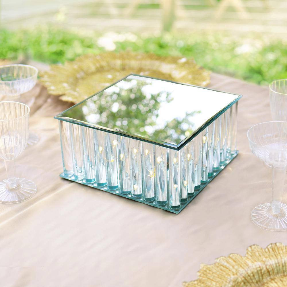 1-Tier Clear Square Mirror LED Fairy Light Up Glass Columns Cake Stand Dessert Display Tray 8 in. - Hercitys