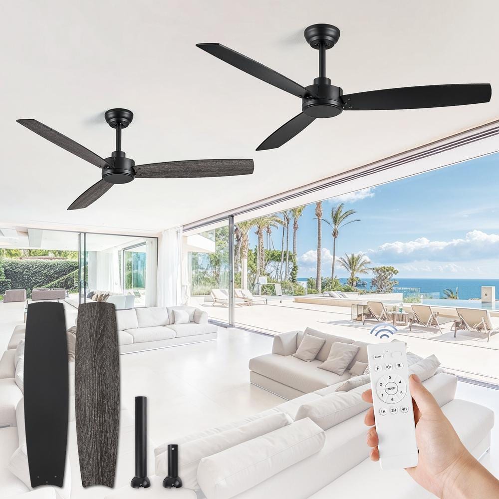 2-Pack 52 in. Indoor Matte Black Dwonrod Ceiling Fan with Dual-Finish Blades (Black and Woodgarin) and Remote Control - Hercitys