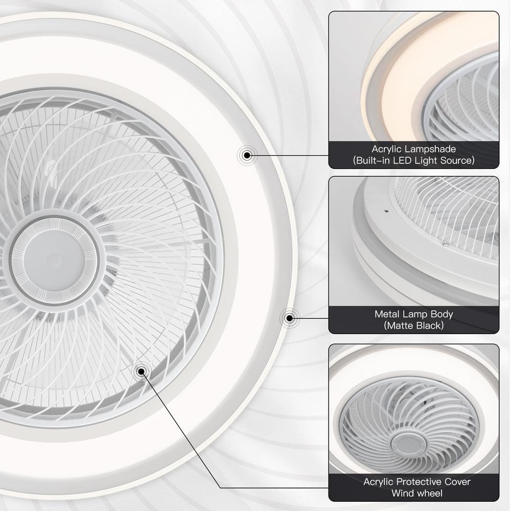 20 in. Indoor White Caged Enclosed Ceiling Fan with LED Light Modern Low Profile Ceiling Fan with Remote and APP Control - Hercitys