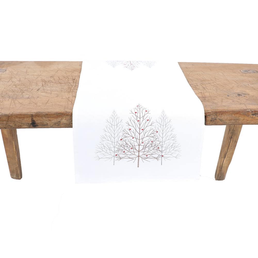 15 in. x 70 in. Festive Trees Embroidered Christmas Table Runner, White - Hercitys