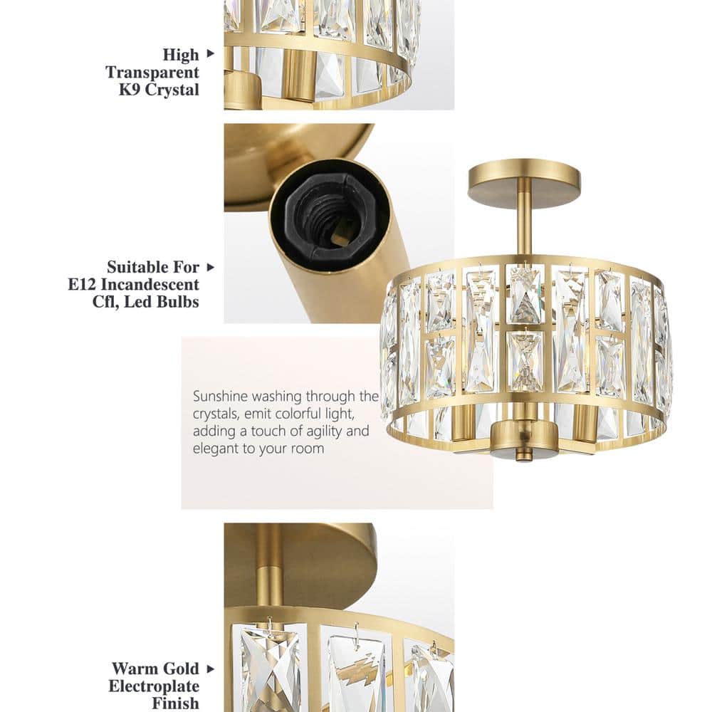 12 in. 3-Light Round Modern Gold Drum Semi Flush Mount Ceiling Light with Clear Crystal Glass - Hercitys