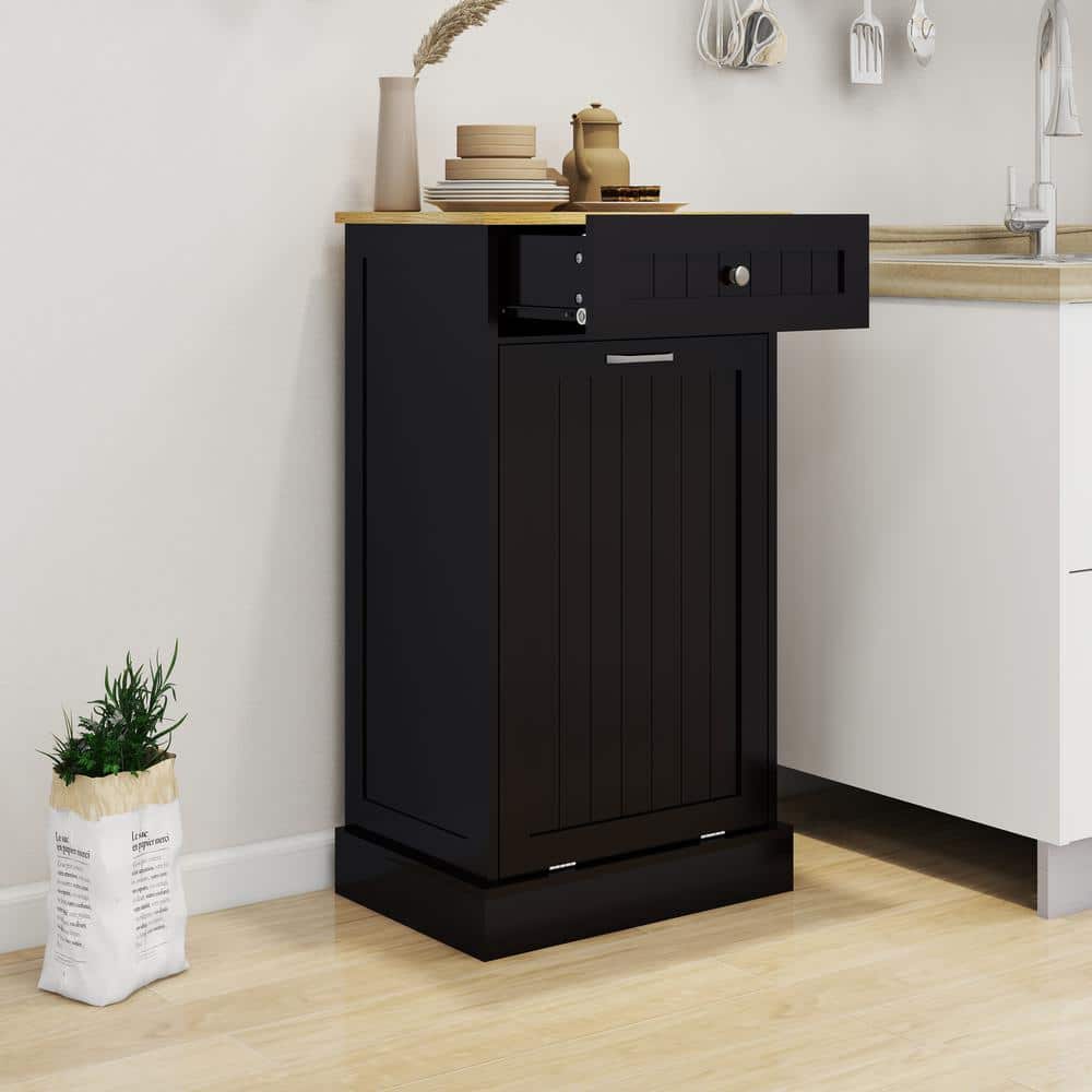 1-Drawers and 1-Compartment Tilt-Out Trash Cabinet Kitchen Trash Cabinet, Pantry Organizer in Black - Hercitys