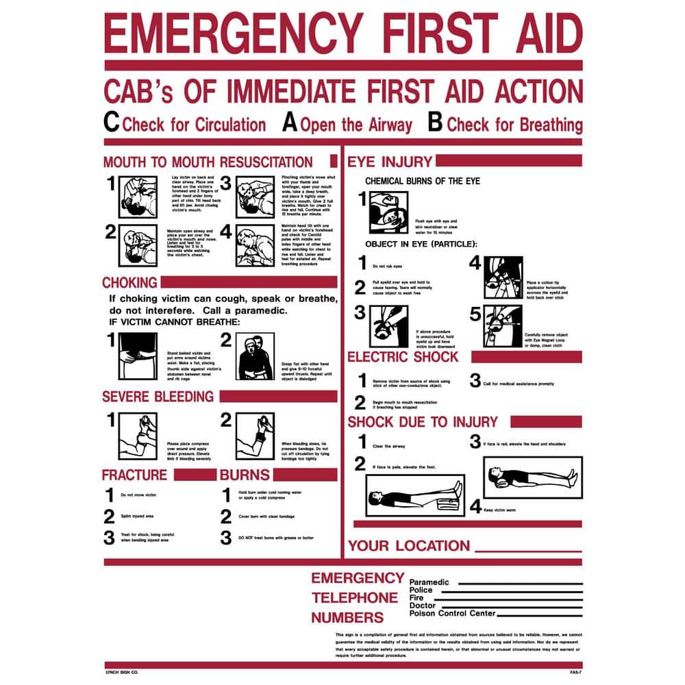 18 in. x 24 in. Emergency First Aid CAB’s Sign Printed on More Durable, Thicker, Longer Lasting Styrene Plastic - Hercitys